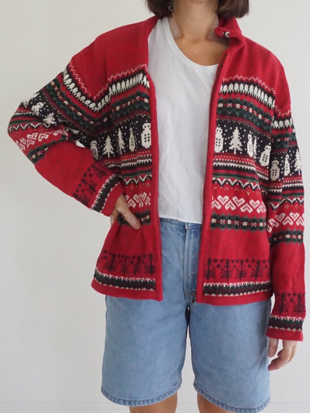 Vintage Heirlooms Red Black Knit Reindeer Snowflake Ugly Christmas Cardigan XL